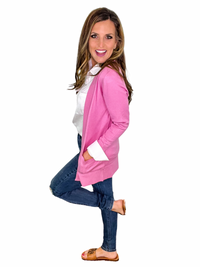 Long Pink Ribbed Trim Open Front Cardigan