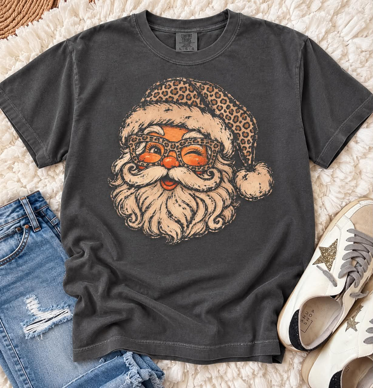 Leopard Santa Comfort Colors T-Shirt in Charcoal PREORDER