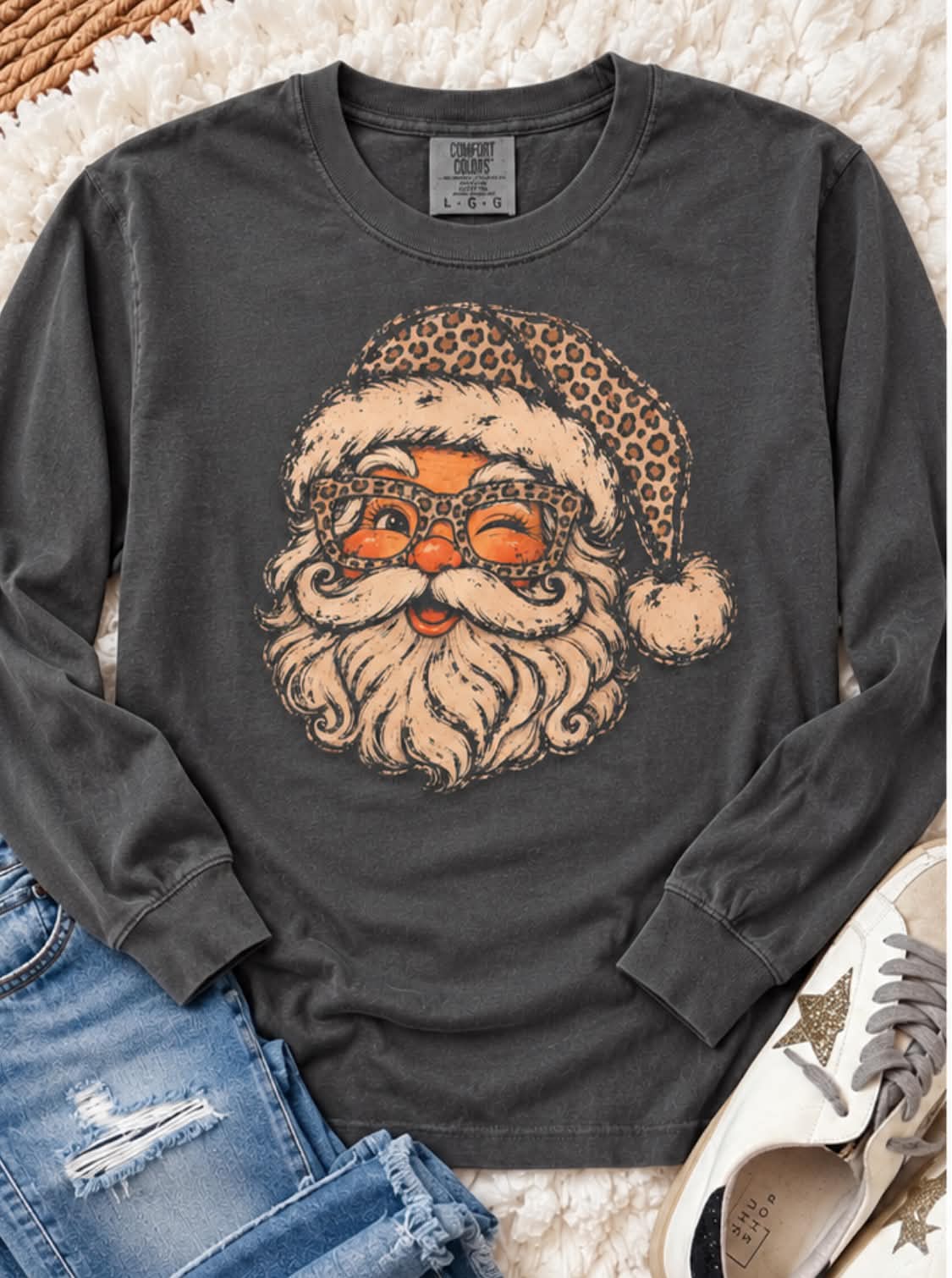 Leopard Santa Long Sleeve Comfort Colors T-Shirt in Charcoal PREORDER