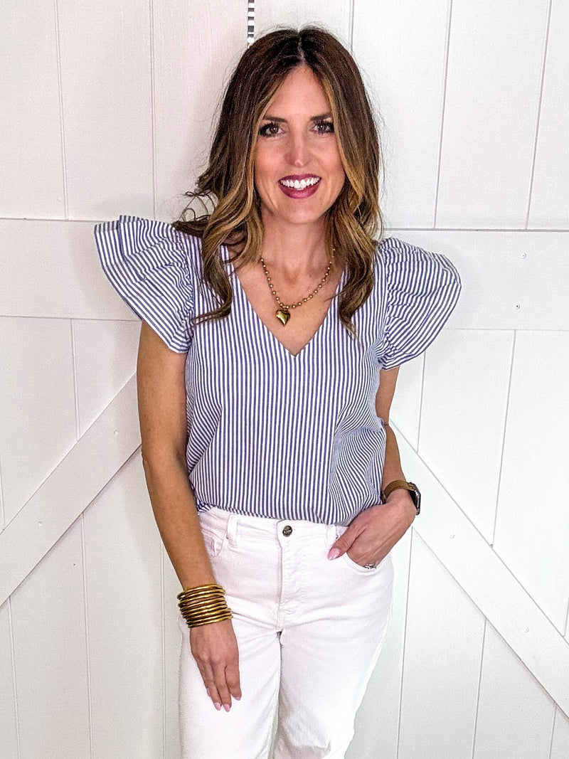 RUFFLED SLEEVE STRIPED TOP