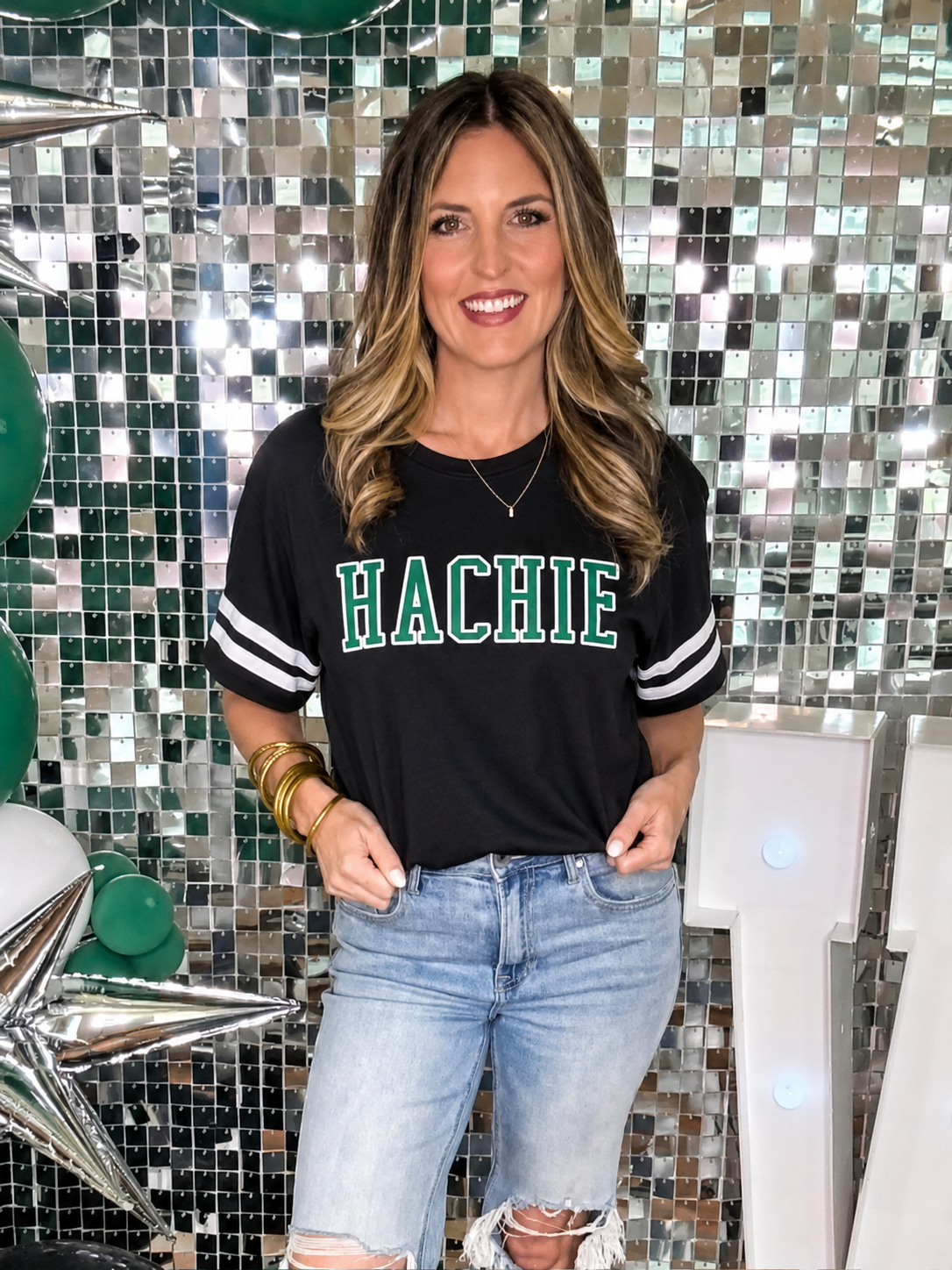 Hachie Stripe Sleeve T-Shirt in Black PREORDER