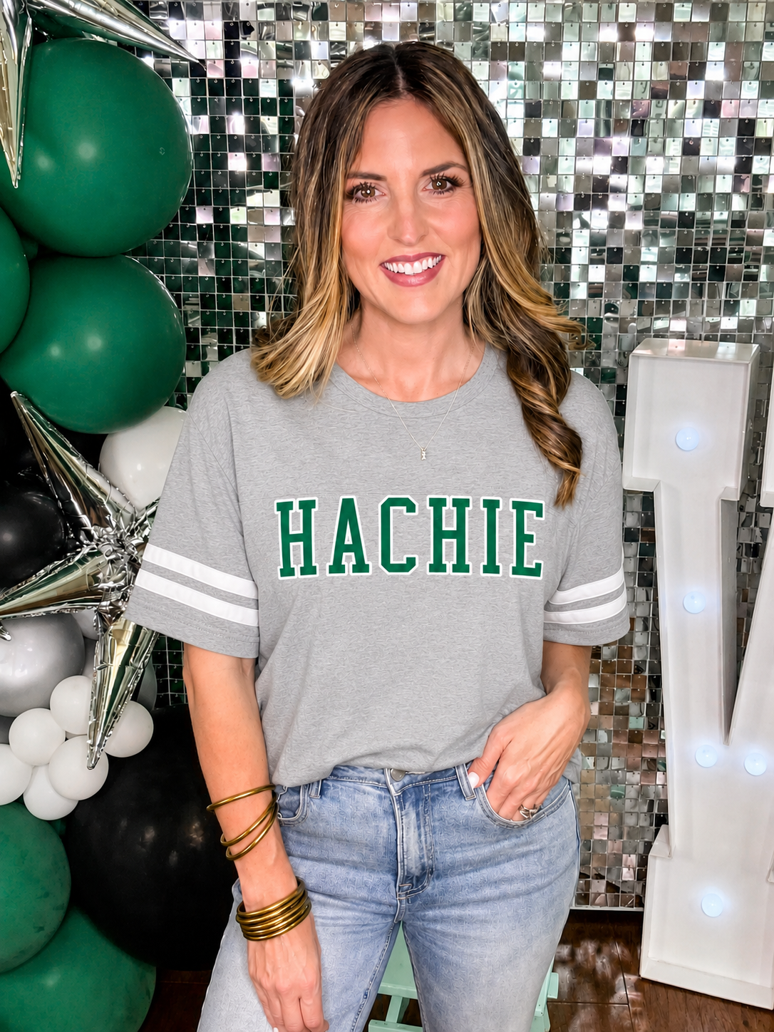 Hachie Stripe Sleeve T-Shirt in Gray PREORDER