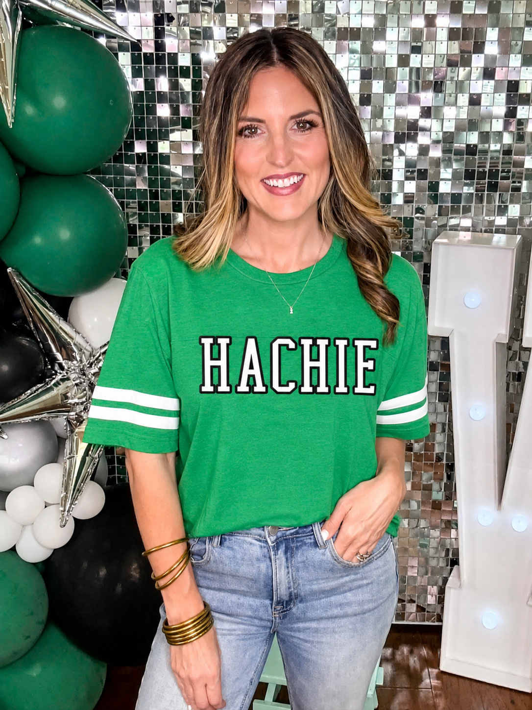Hachie Stripe Sleeve T-Shirt in Green PREORDER