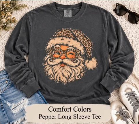 Leopard Santa Long Sleeve Comfort Colors T-Shirt in Charcoal PREORDER