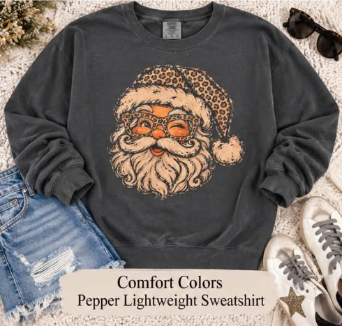 Leopard Santa Comfort Colors Sweatshirt in Charcoal PREORDER