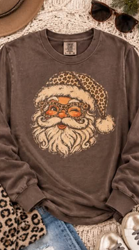 Leopard Santa Long Sleeve Comfort Colors T-Shirt in Expresso PREORDER