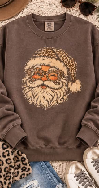 Leopard Santa Comfort Colors Sweatshirt in Expresso PREORDER