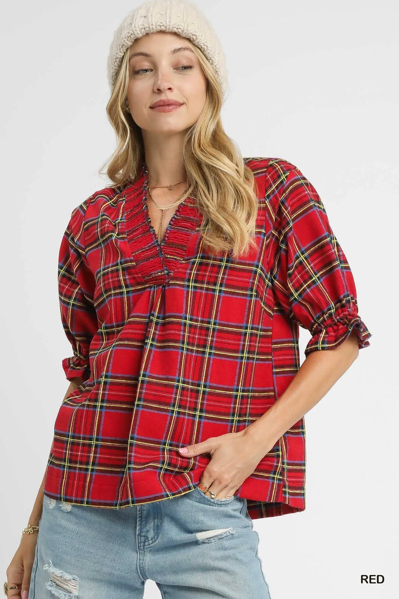 UMGEE PLAID SMOCKED TOP
