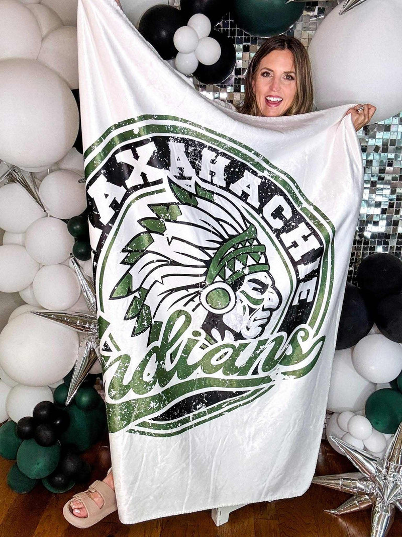 Waxahachie Indians Vintage Mascot Sherpa Blanket in White
