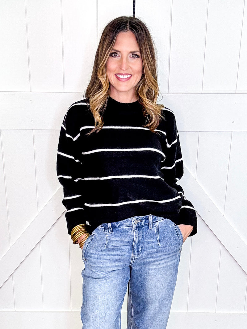 ZENANA STRIPED SWEATER IN BLACK