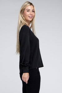 Woven V-Neck Long Sleeve Top