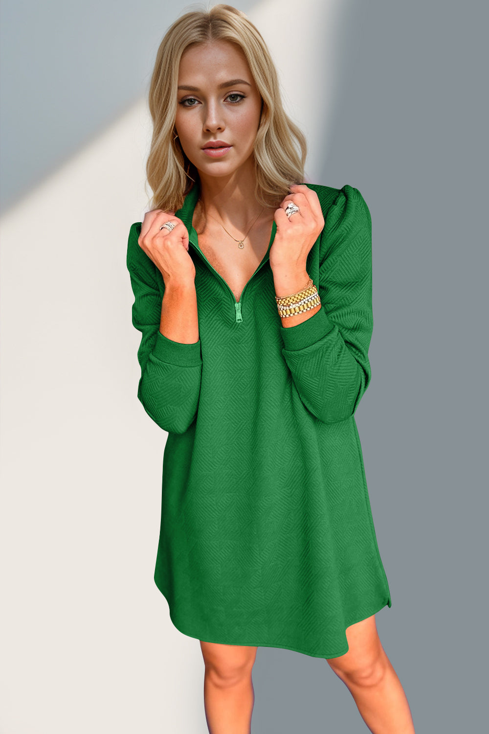 Textured Quarter Zip Long Sleeve Dress Turquoise & Tangerine Textured Quarter Zip Long Sleeve Dress Turquoise & Tangerine