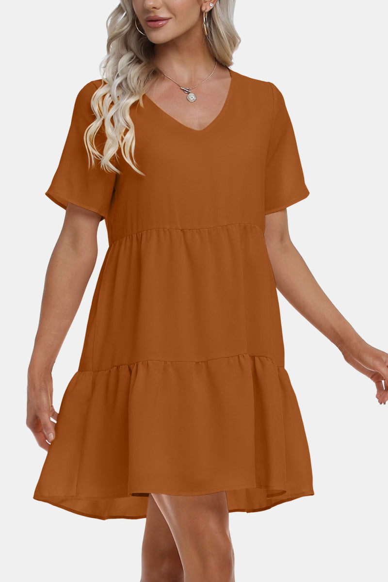 V-Neck Short Sleeve Tiered Dress