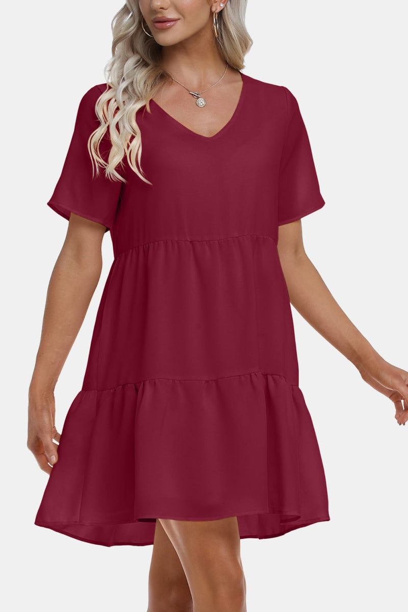 V-Neck Short Sleeve Tiered Dress