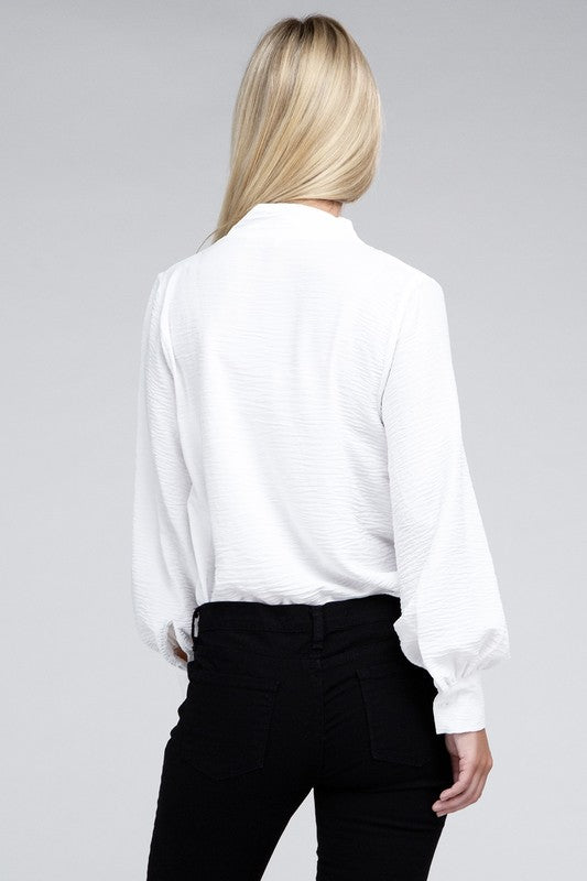 Woven V-Neck Long Sleeve Top