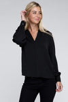 Woven V-Neck Long Sleeve Top