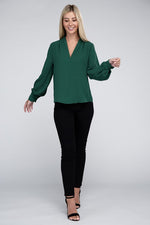 Woven V-Neck Long Sleeve Top