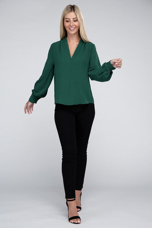 Woven V-Neck Long Sleeve Top