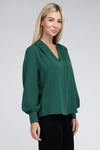 Woven V-Neck Long Sleeve Top