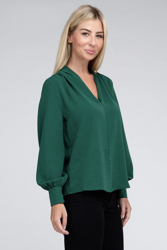 Woven V-Neck Long Sleeve Top