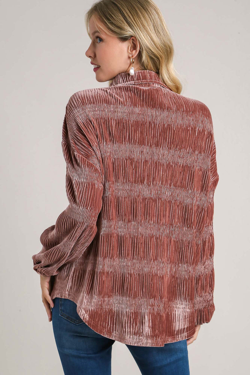 Ruched Velvet Button Up Shirt