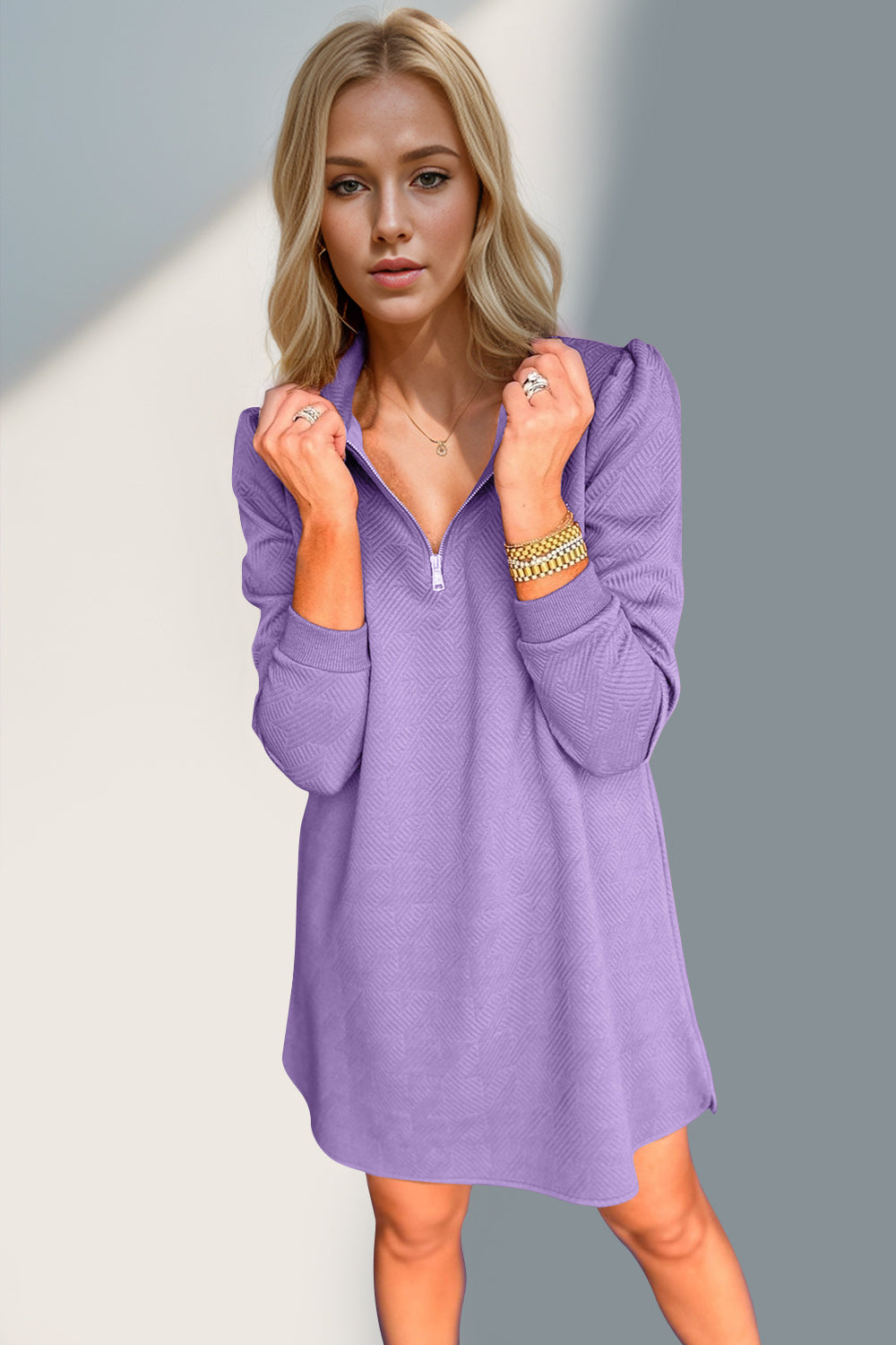 [DISCOVERY] (W) Polton Woven Half Zip-up Dress ★大人気★ Textured Quarter Zip Long Sleeve Dress – Turquoise & Tangerine