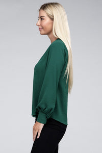 Woven V-Neck Long Sleeve Top