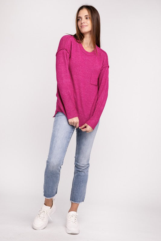 Hi-Low Hem Round Neck Sweater