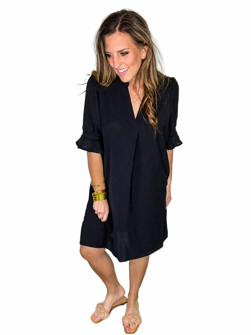 Puff Sleeve Notched Mini Shift Dress