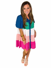 Collared Puff Sleeve Color Block Dress