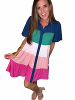 Collared Puff Sleeve Color Block Dress