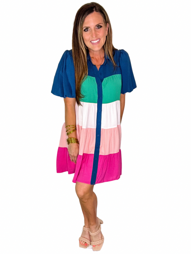 Collared Puff Sleeve Color Block Dress