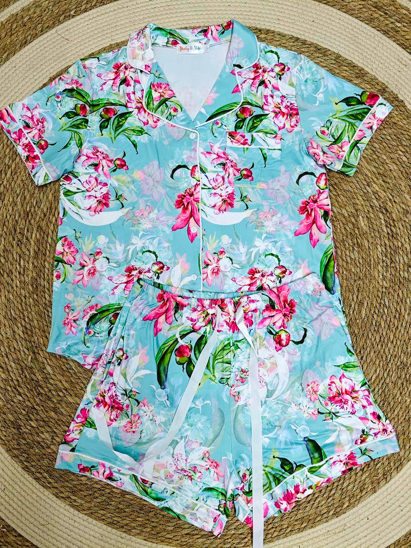 Collared Aqua Floral Pajama Set