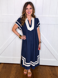 Umgee Linen Cotton Contrast Neckline Midi Dress in Navy