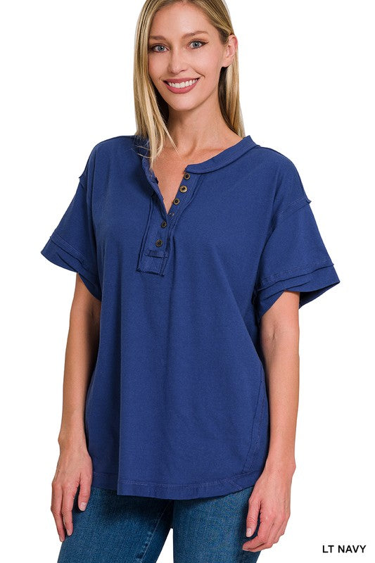 Raw Edge Button Up Short Sleeve Top