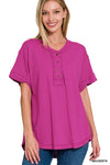 Raw Edge Button Up Short Sleeve Top
