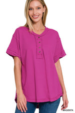 Raw Edge Button Up Short Sleeve Top