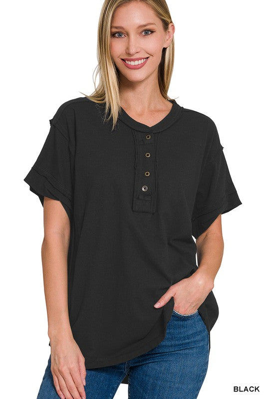 Raw Edge Button Up Short Sleeve Top