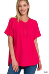 Raw Edge Button Up Short Sleeve Top