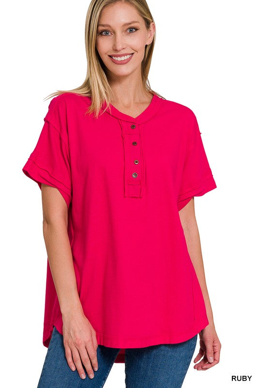 Raw Edge Button Up Short Sleeve Top