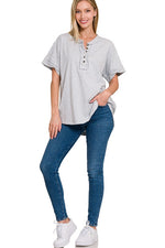 Raw Edge Button Up Short Sleeve Top