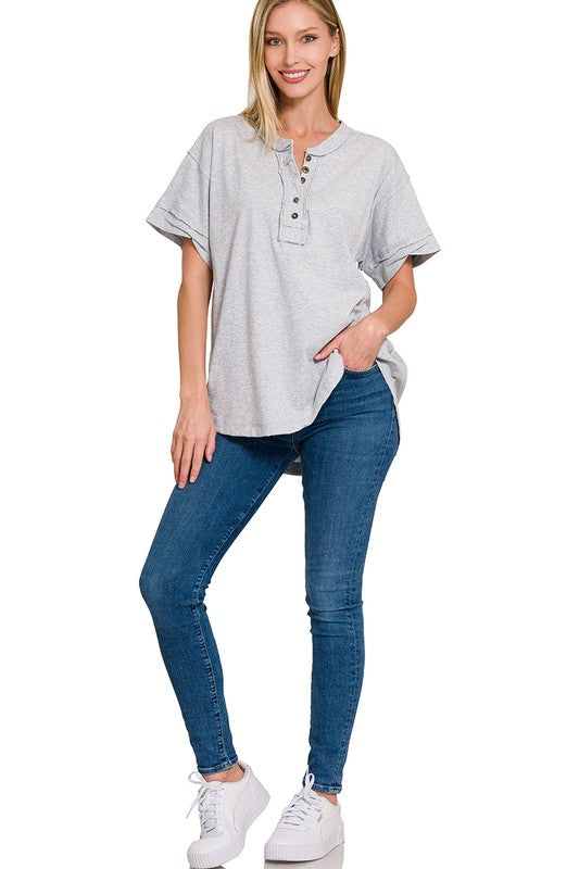 Raw Edge Button Up Short Sleeve Top