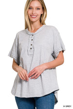Raw Edge Button Up Short Sleeve Top