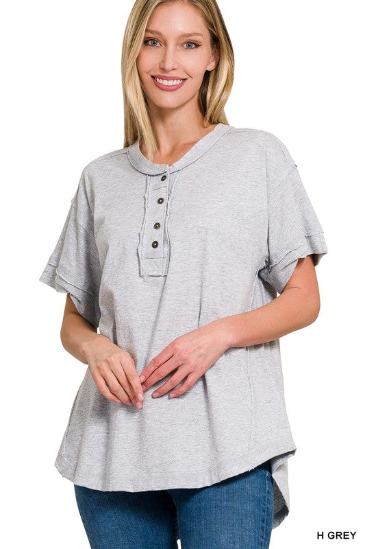 Raw Edge Button Up Short Sleeve Top