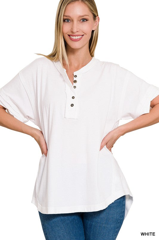 Raw Edge Button Up Short Sleeve Top