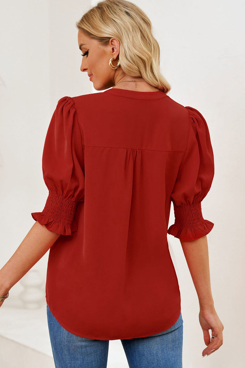 Smocked Sleeve V-Neck Top