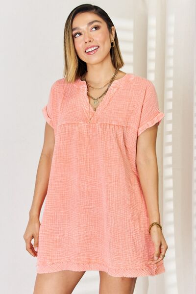 Zenana Washed Nochted Rolled Short Sleeve Dress  Turquoise & Tangerine