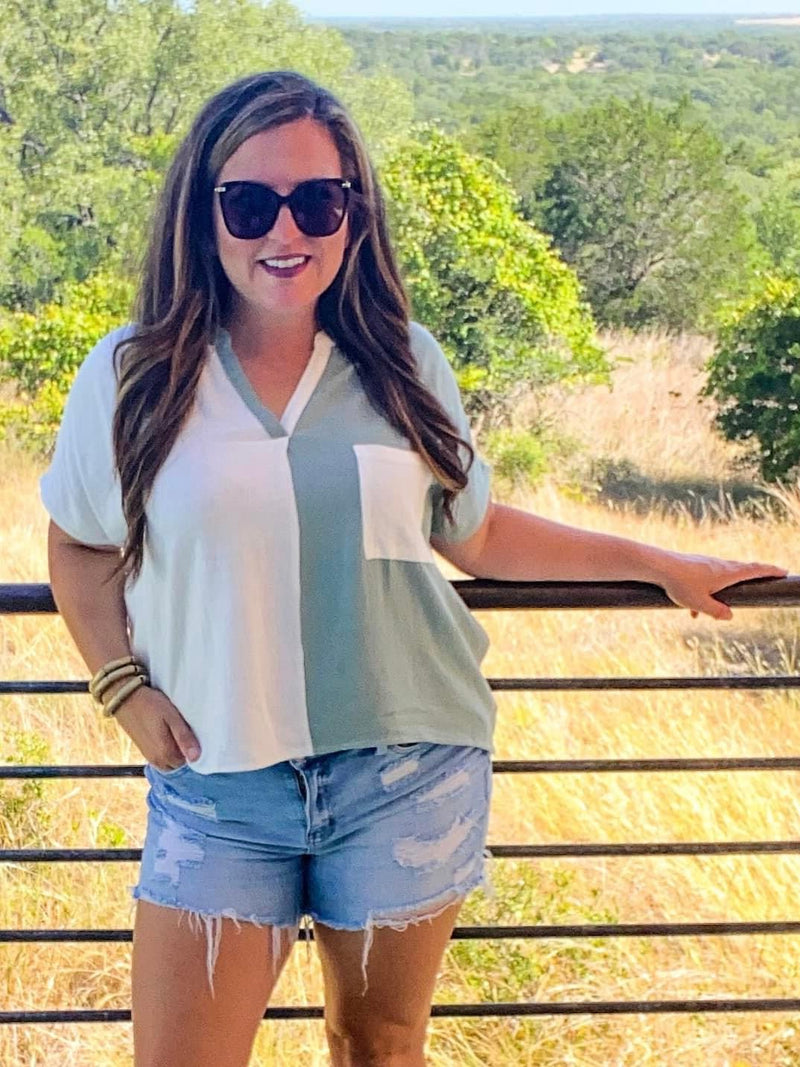 Two Tone Green V-Neck Top