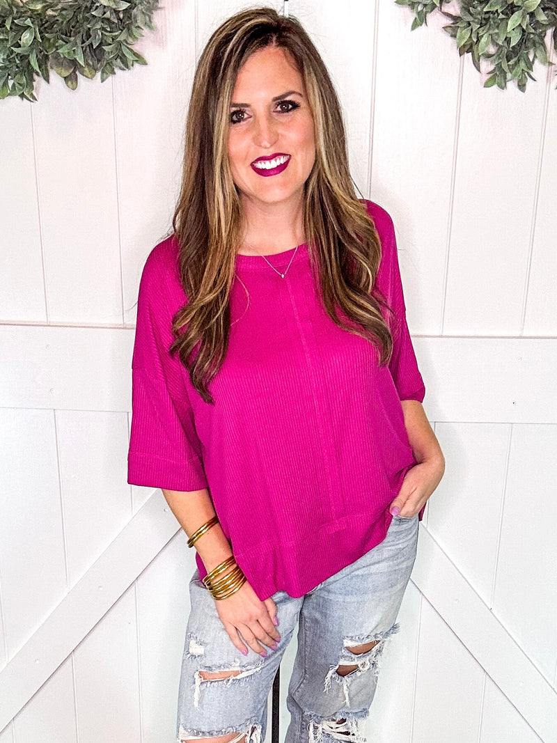 Magenta Ribbed Boat Neck Top STEAL