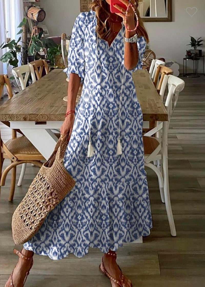 Blue Ikat Print Maxi Dress